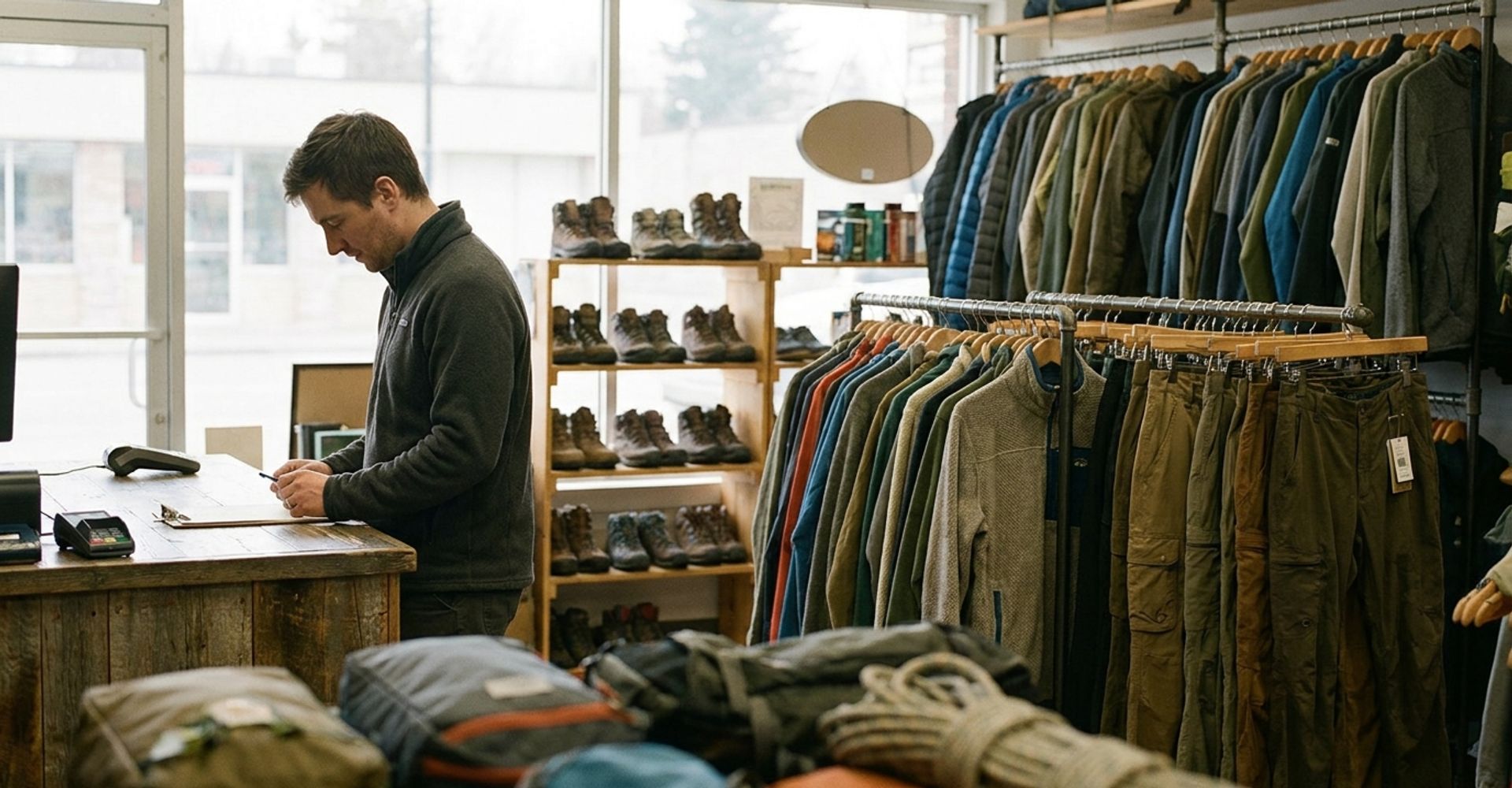Interior of an independent outdoor specialty shop at opening time, with racks of technical shells and hiking boots and a card terminal on the counter