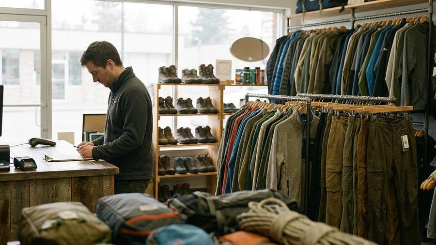 Interior of an independent outdoor specialty shop at opening time, with racks of technical shells and hiking boots and a card terminal on the counter