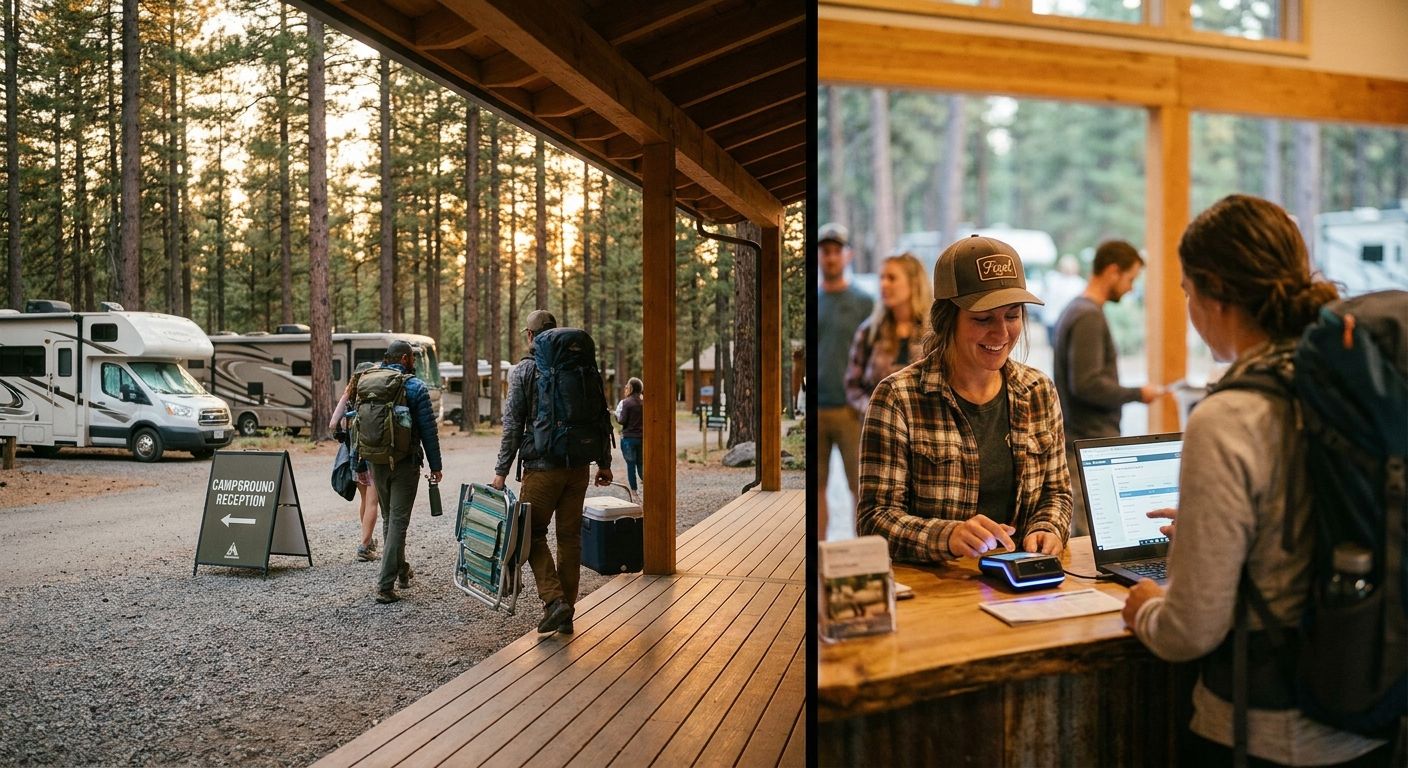Guests checking in at a campground reception at golden hour while staff use a modern payment terminal