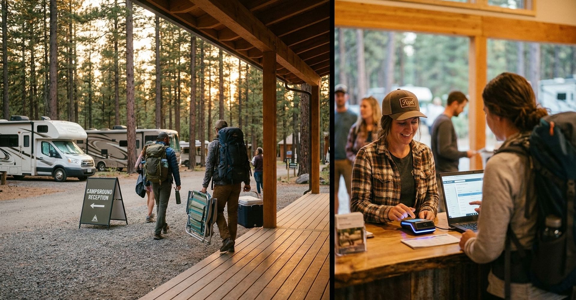 Guests checking in at a campground reception at golden hour while staff use a modern payment terminal