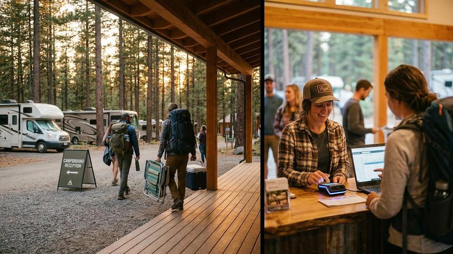 Guests checking in at a campground reception at golden hour while staff use a modern payment terminal