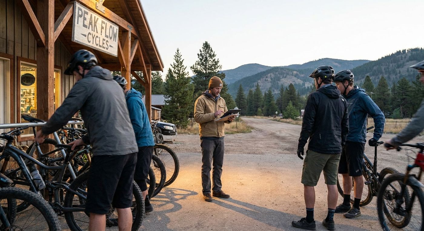 Guests collecting rental mountain bikes while a staff member verifies the reservation on a tablet