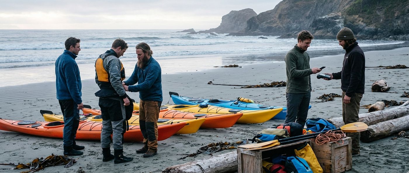 A sea kayak outfitter fitting guests with equipment before departure