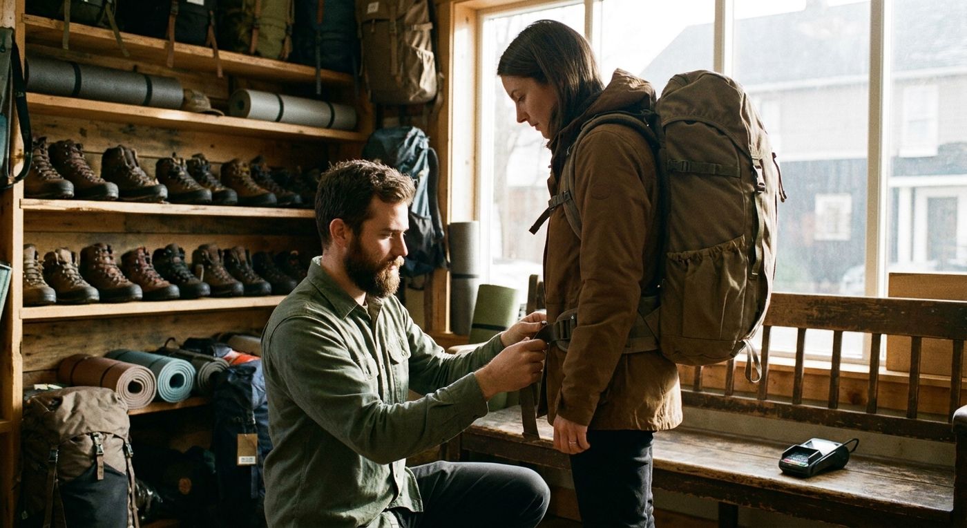 A staff member helping a customer fit a backpack in an outdoor shop before completing the purchase