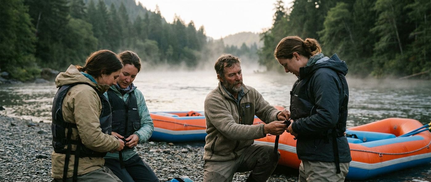 A river guide fits life jackets on a small group of customers beside rafts on a gravel bank in early morning light
