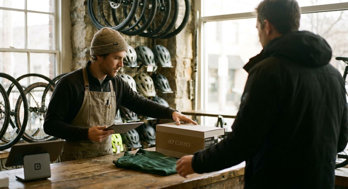 A customer collecting an online order at a bike shop counter while staff confirm the pickup on a tablet