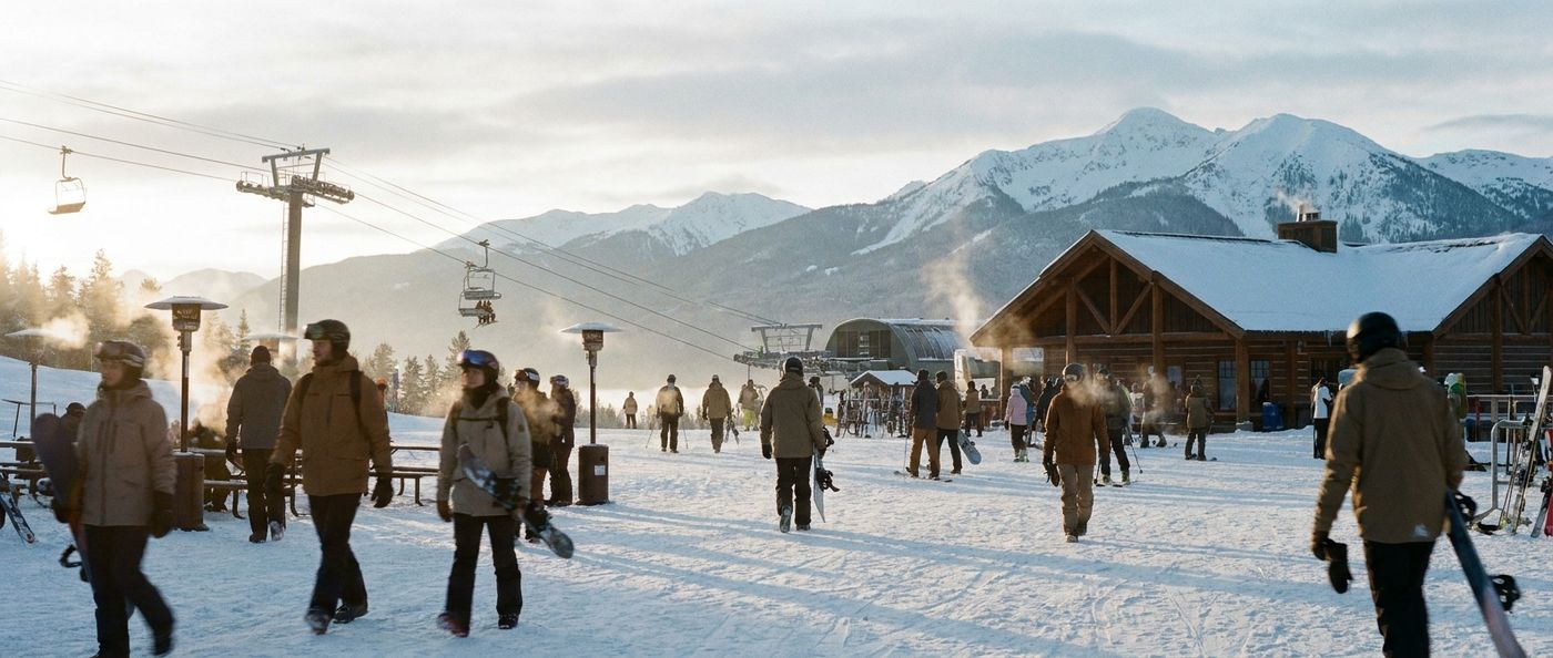 Skiers moving through a base area at a mountain resort on a busy winter morning
