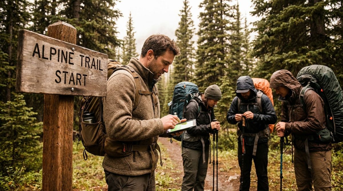 A hiking guide welcoming a small group at a trailhead while confirming the booking