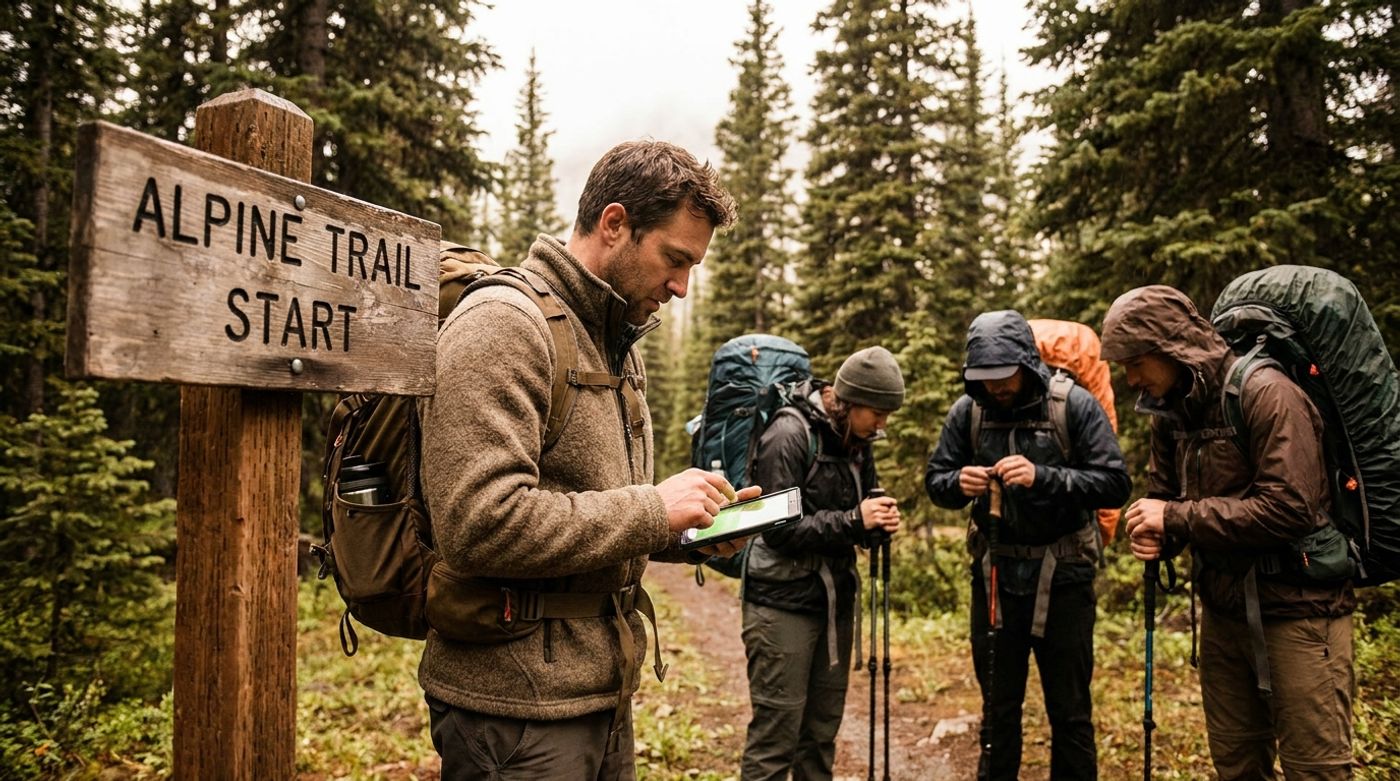 A hiking guide welcoming a small group at a trailhead while confirming the booking