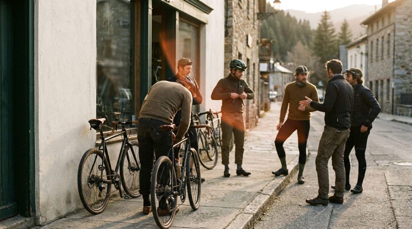 A group of riders gathered outside a bike shop at golden hour before a weekend ride, bikes lined against the storefront