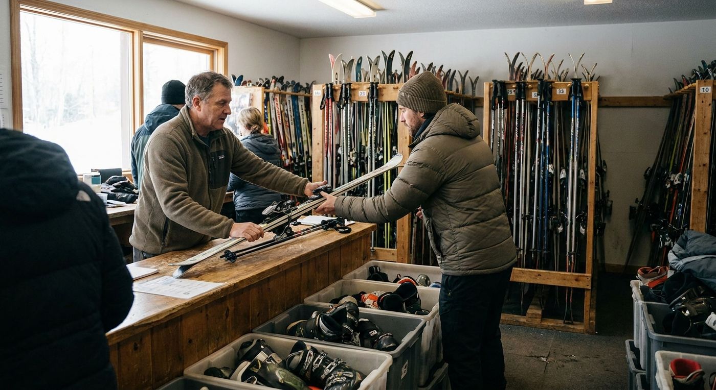 A ski shop rental counter with numbered skis racked behind staff while a customer collects a reserved rental package