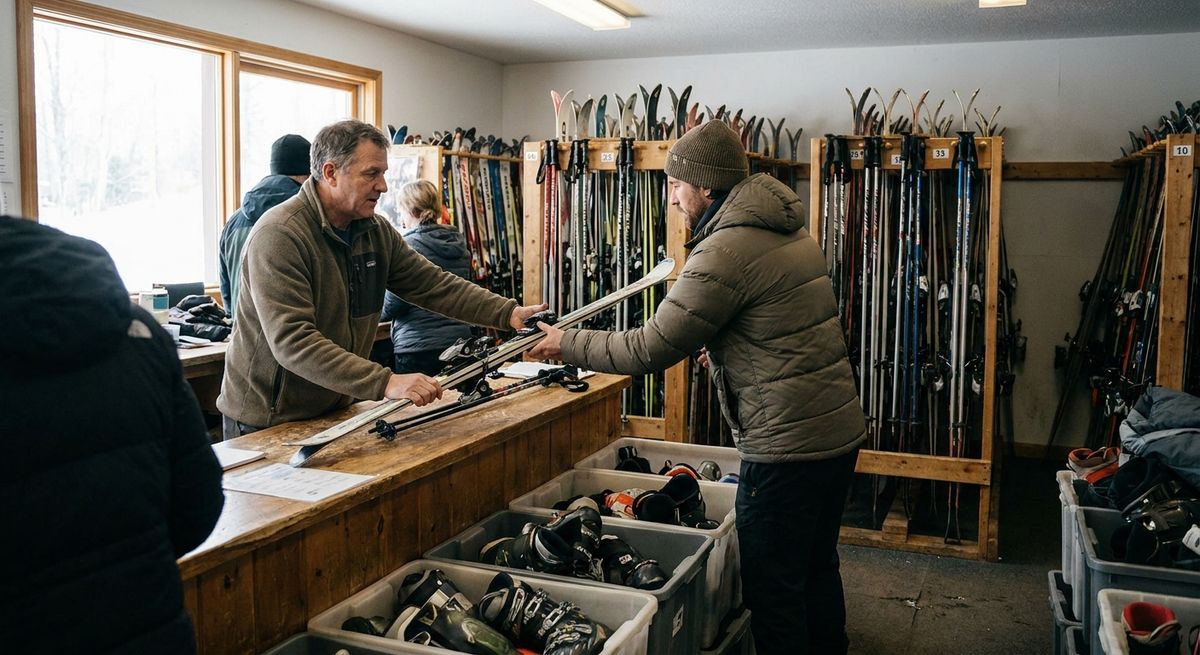 A ski shop rental counter with numbered skis racked behind staff while a customer collects a reserved rental package