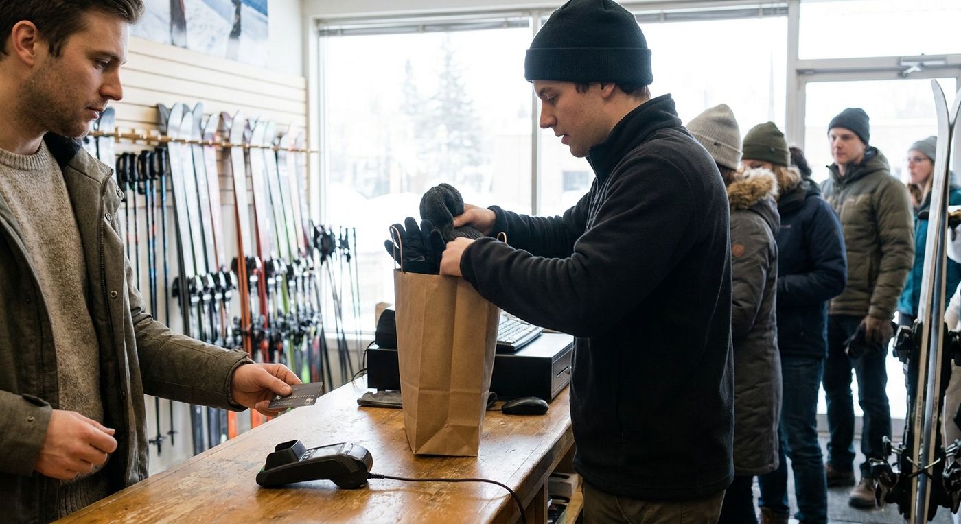 A customer paying at the counter of a ski shop while staff bag accessories beside a rack of skis