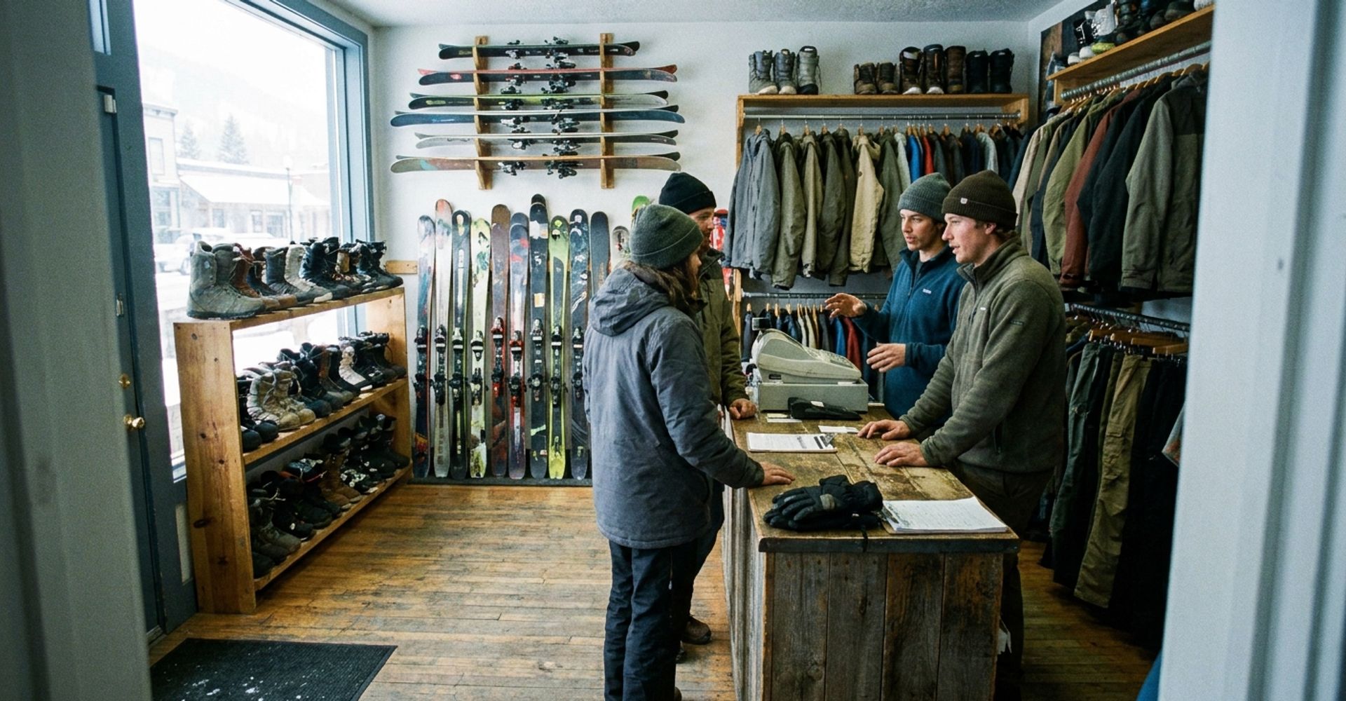 Interior of an independent ski shop with racks of skis and boots while staff help customers before the weekend