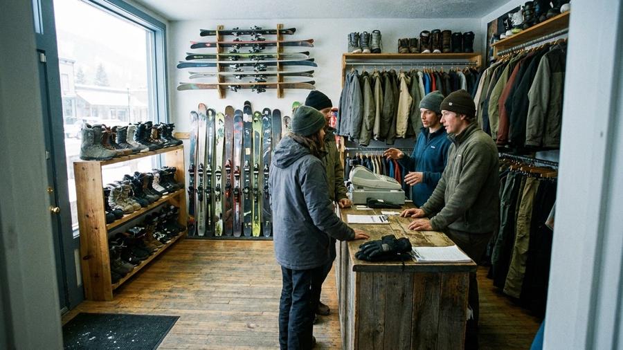 Interior of an independent ski shop with racks of skis and boots while staff help customers before the weekend