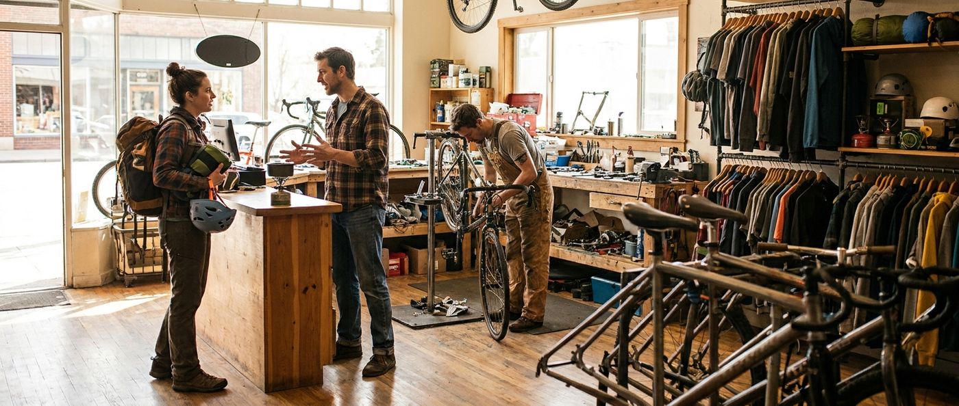 Staff and customers moving through an independent outdoor shop floor, handling gear in natural daylight