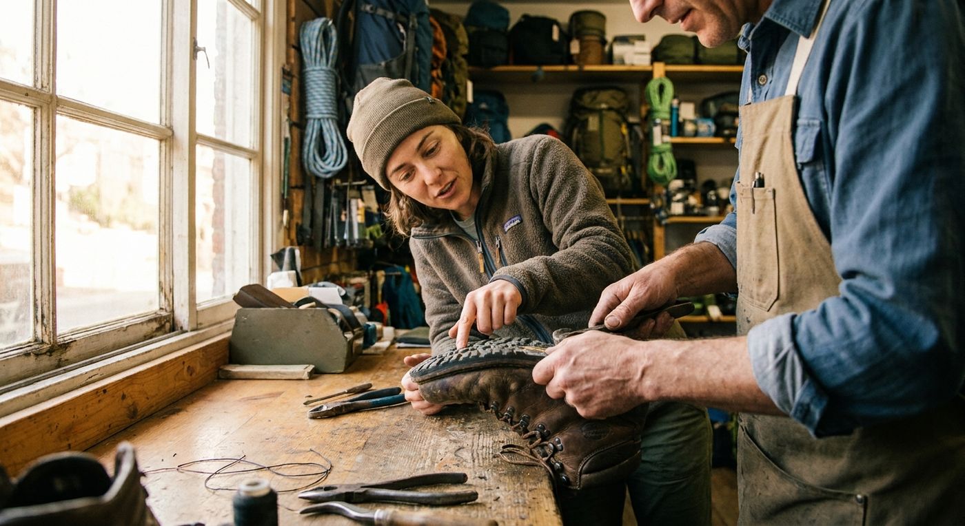A technician in an independent outdoor shop repairs a hiking boot at a workbench while a customer watches and asks a question
