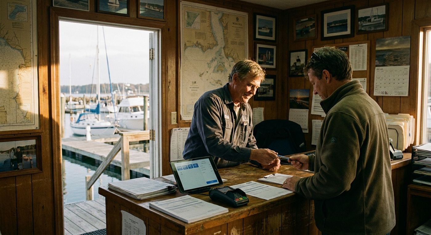 A marina employee helping a seasonal slip holder with a membership renewal at the dock office