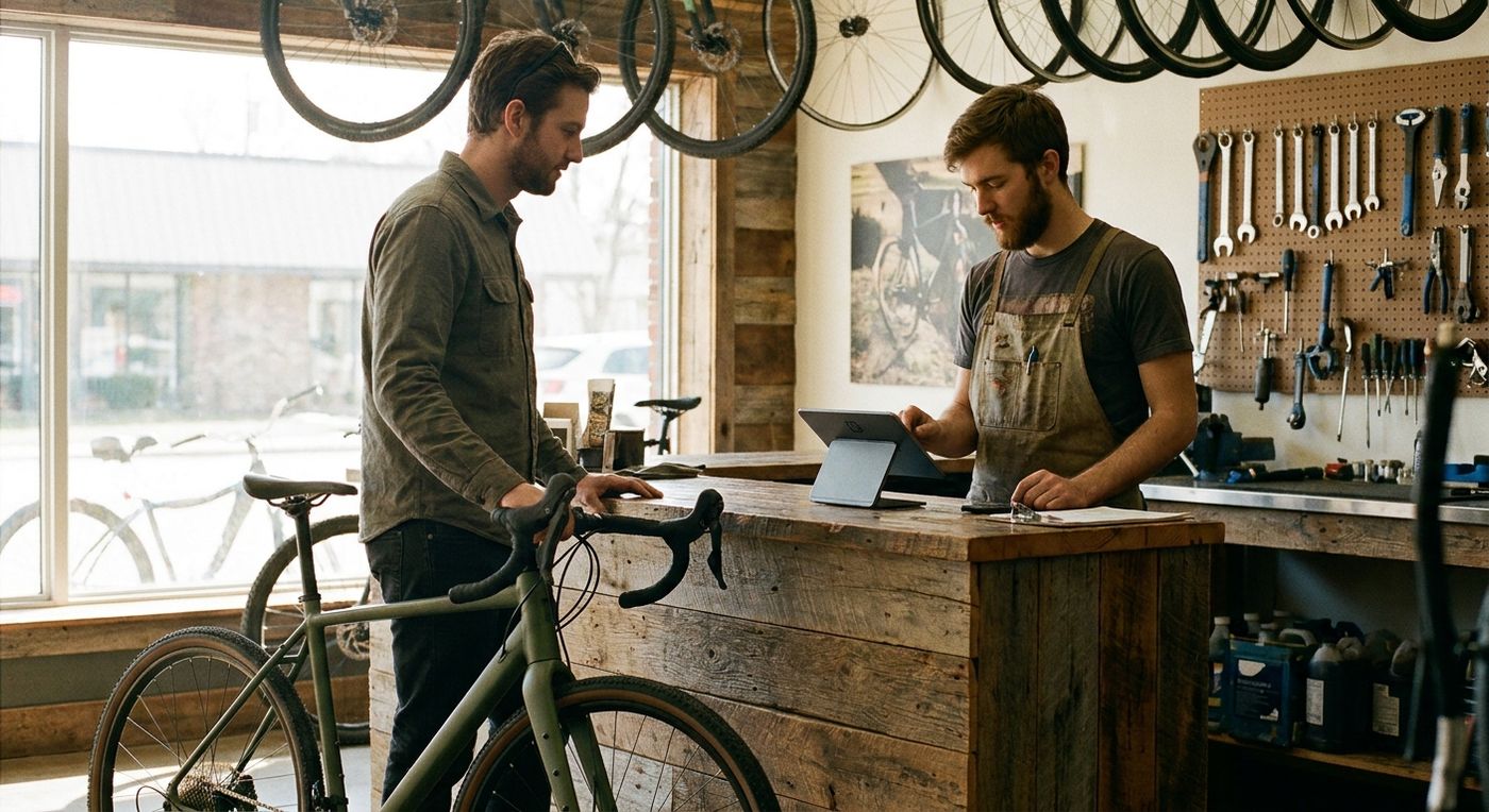 A bike shop employee using an integrated point-of-sale system while helping a customer purchase a bicycle