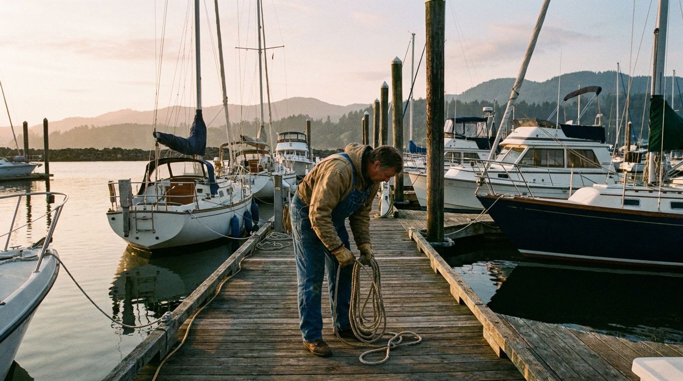 A marina employee working the fuel dock beside moored recreational boats