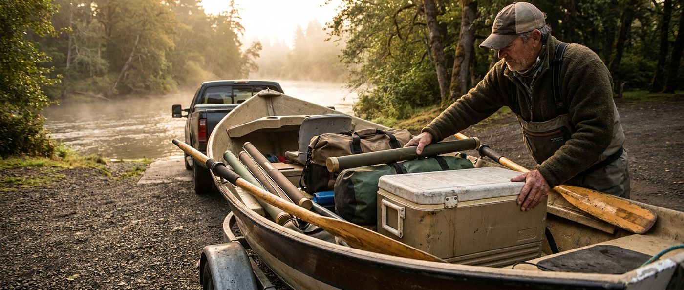 An outfitter loading rods and dry bags into a drift boat at first light