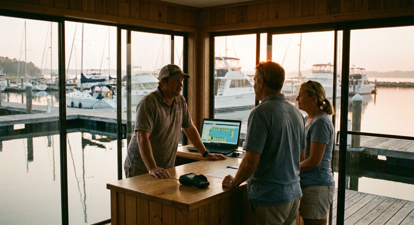 Marina office staff welcoming boat owners with a payment terminal, docks visible through large windows
