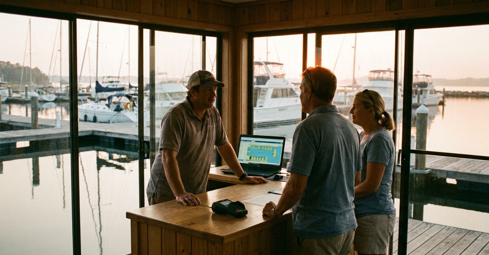 Marina office staff welcoming boat owners with a payment terminal, docks visible through large windows
