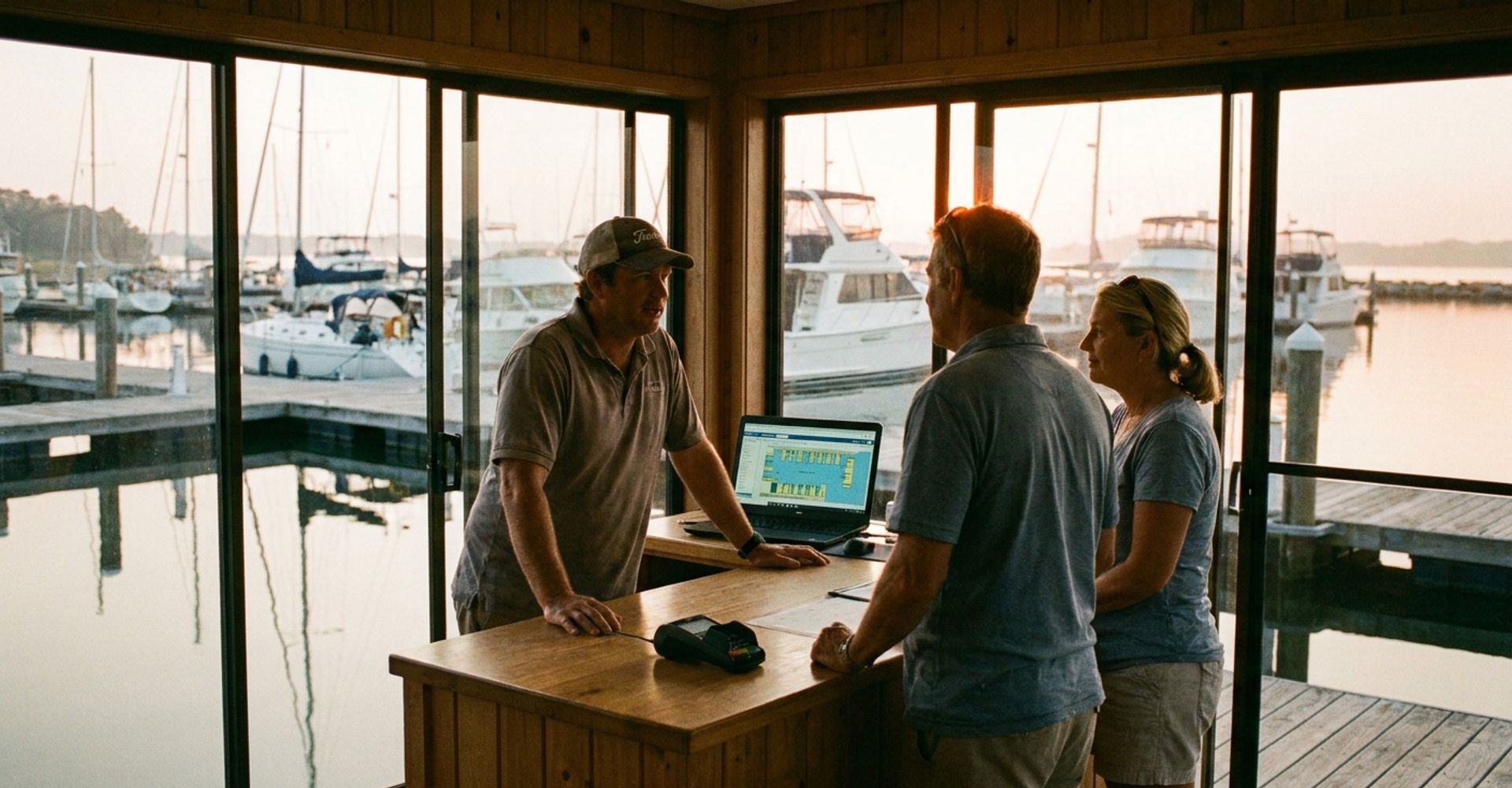 Marina office staff welcoming boat owners with a payment terminal, docks visible through large windows