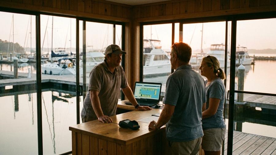 Marina office staff welcoming boat owners with a payment terminal, docks visible through large windows
