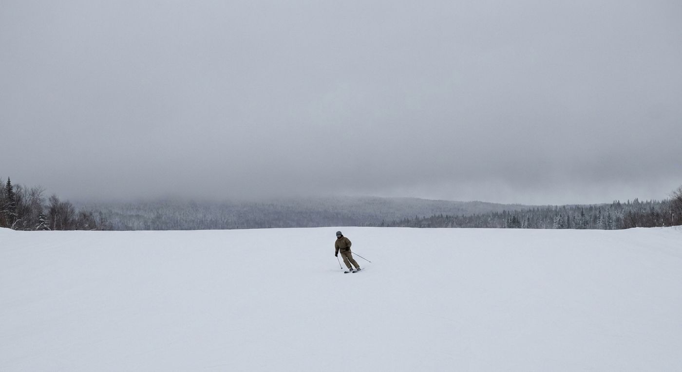 A skier making turns on an open groomed run on a grey winter morning, seen from a distance