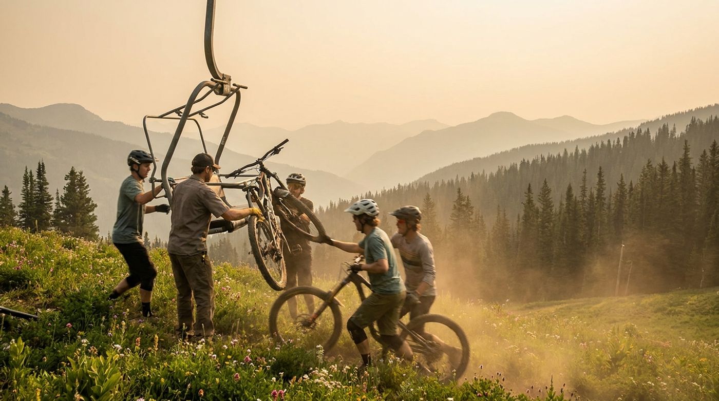 Mountain bikers load bikes onto a chairlift at a ski resort operating through the summer season