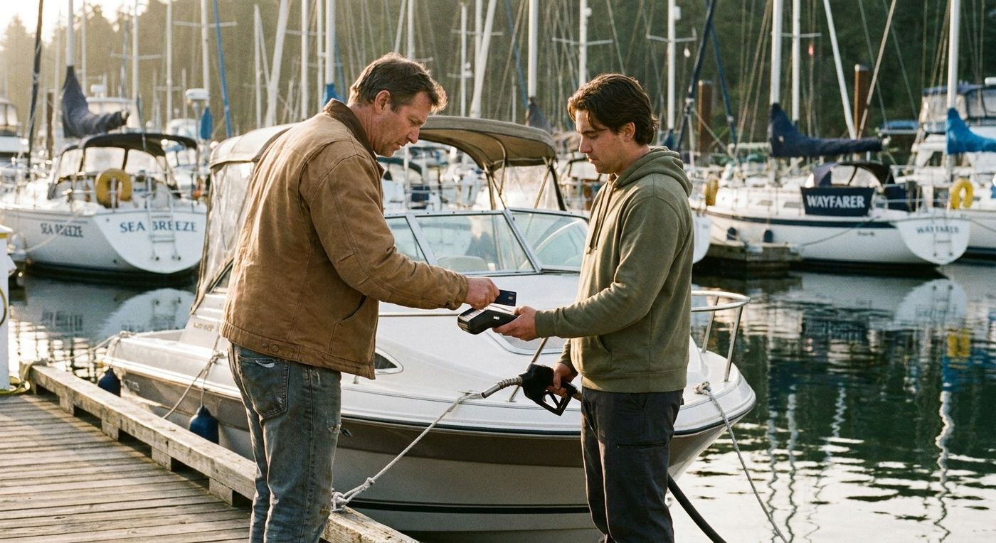 A boat owner paying for fuel at a marina fuel dock using a wireless payment terminal