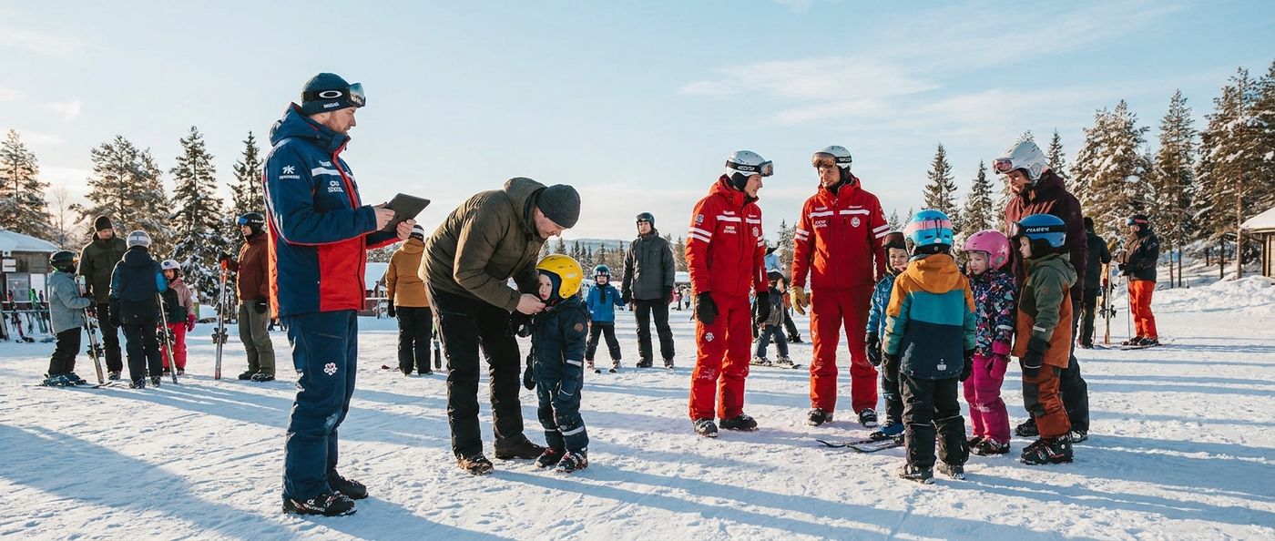 Parents checking children into ski school on a tablet while instructors greet the group