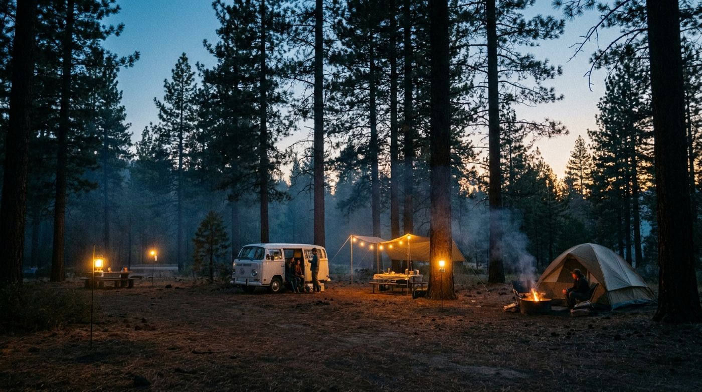 A campground loop at dusk with warm light from a camp kitchen