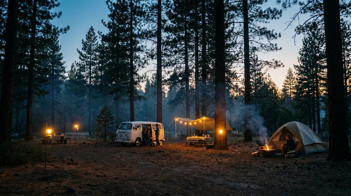 A campground loop at dusk with warm light from a camp kitchen