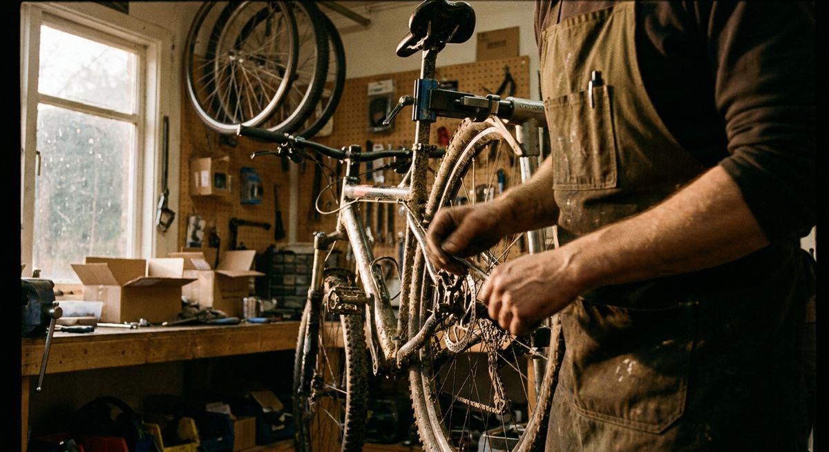 A mechanic working on a mountain bike in a busy independent bike shop