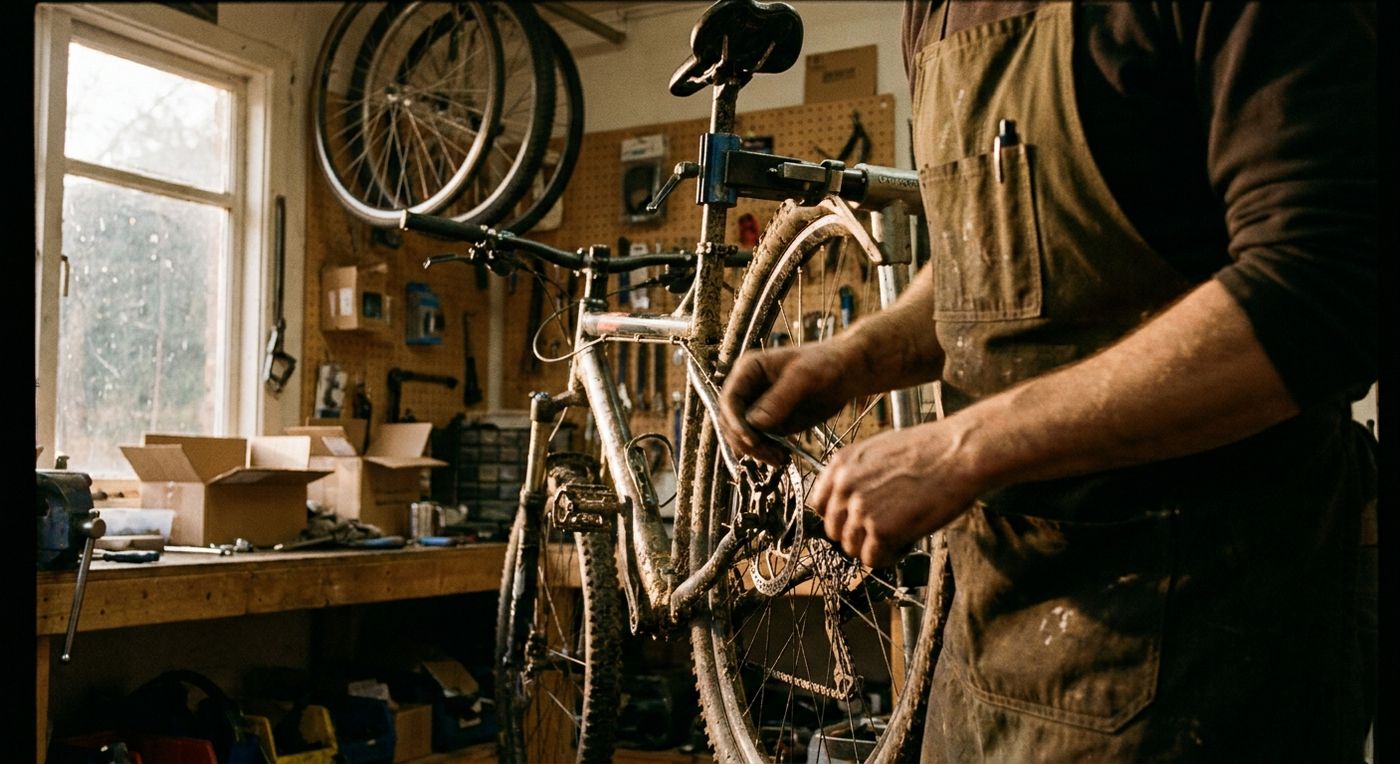 A mechanic working on a mountain bike in a busy independent bike shop