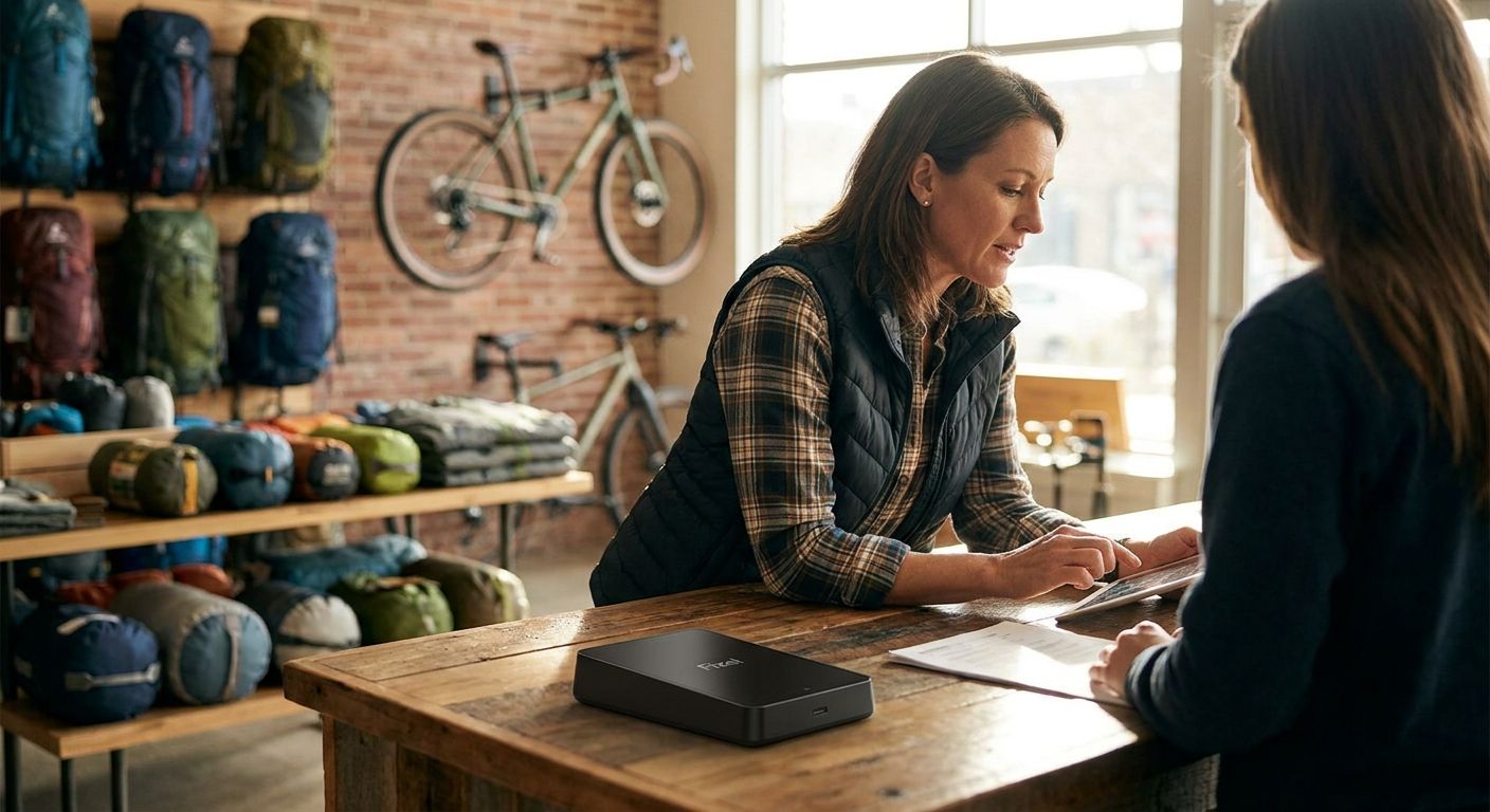 An independent outdoor shop owner reviewing payment options with a trusted advisor at the counter, hiking and cycling gear behind them