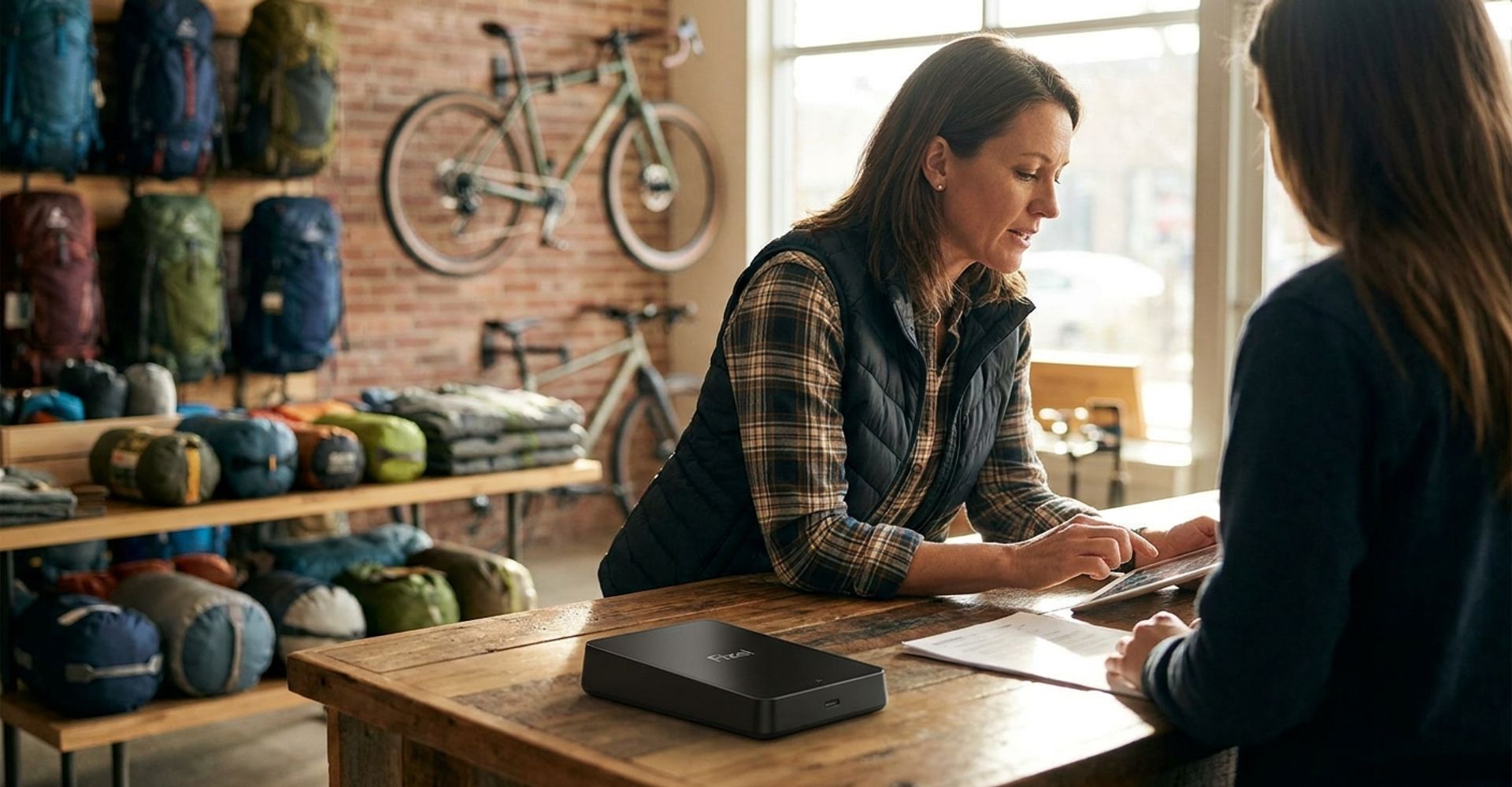An independent outdoor shop owner reviewing payment options with a trusted advisor at the counter, hiking and cycling gear behind them