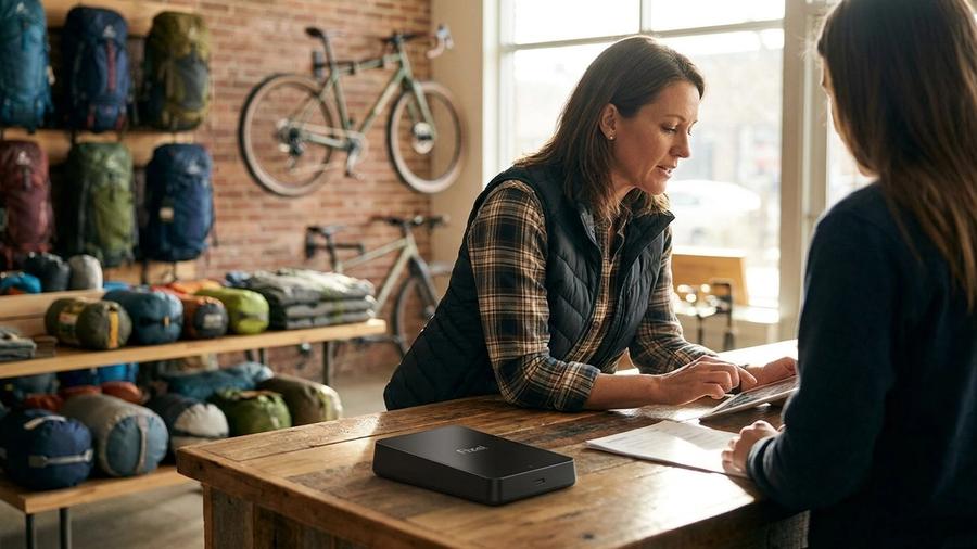 An independent outdoor shop owner reviewing payment options with a trusted advisor at the counter, hiking and cycling gear behind them