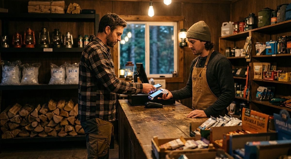 A guest paying with Tap to Pay at a campground store selling firewood, ice and camping supplies
