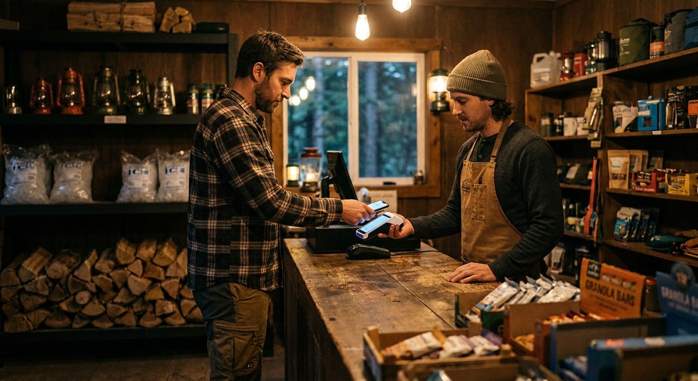A guest paying with Tap to Pay at a campground store selling firewood, ice and camping supplies