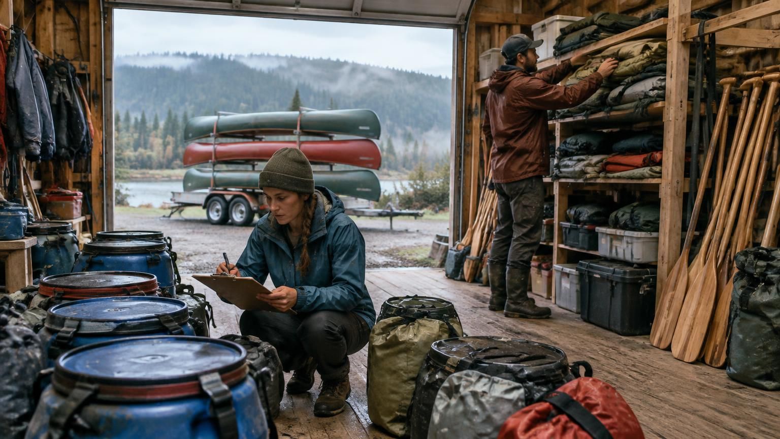 Two trip leaders prepare for a multi-day canoe departure in a wooden gear warehouse on a drizzly morning: one crouches with a clipboard manifest beside labelled food barrels and dry bags, the other stacks tents on shelving near racked paddles, with a trailer of canoes and a misty forested ridge outside the open door.