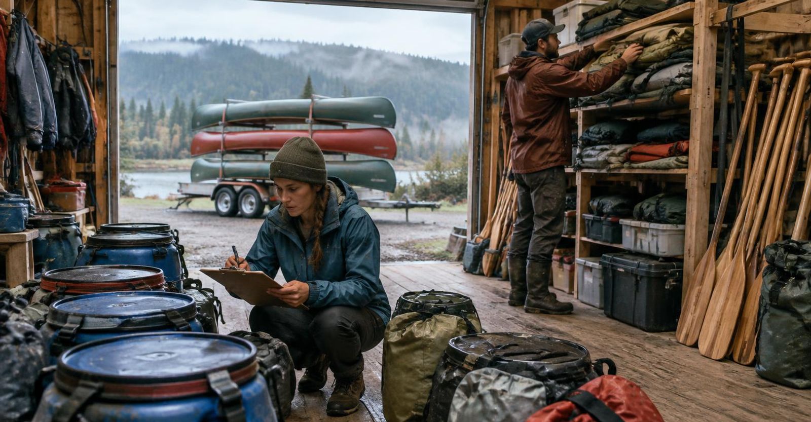 Two trip leaders prepare for a multi-day canoe departure in a wooden gear warehouse on a drizzly morning: one crouches with a clipboard manifest beside labelled food barrels and dry bags, the other stacks tents on shelving near racked paddles, with a trailer of canoes and a misty forested ridge outside the open door.