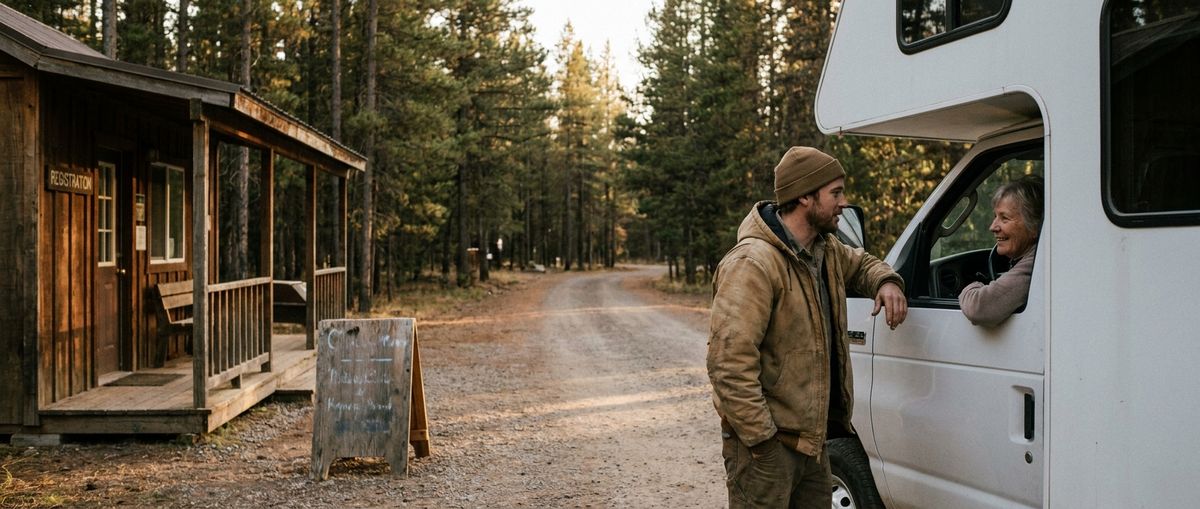 A campground operator checking in an arriving RV at a wooden registration office