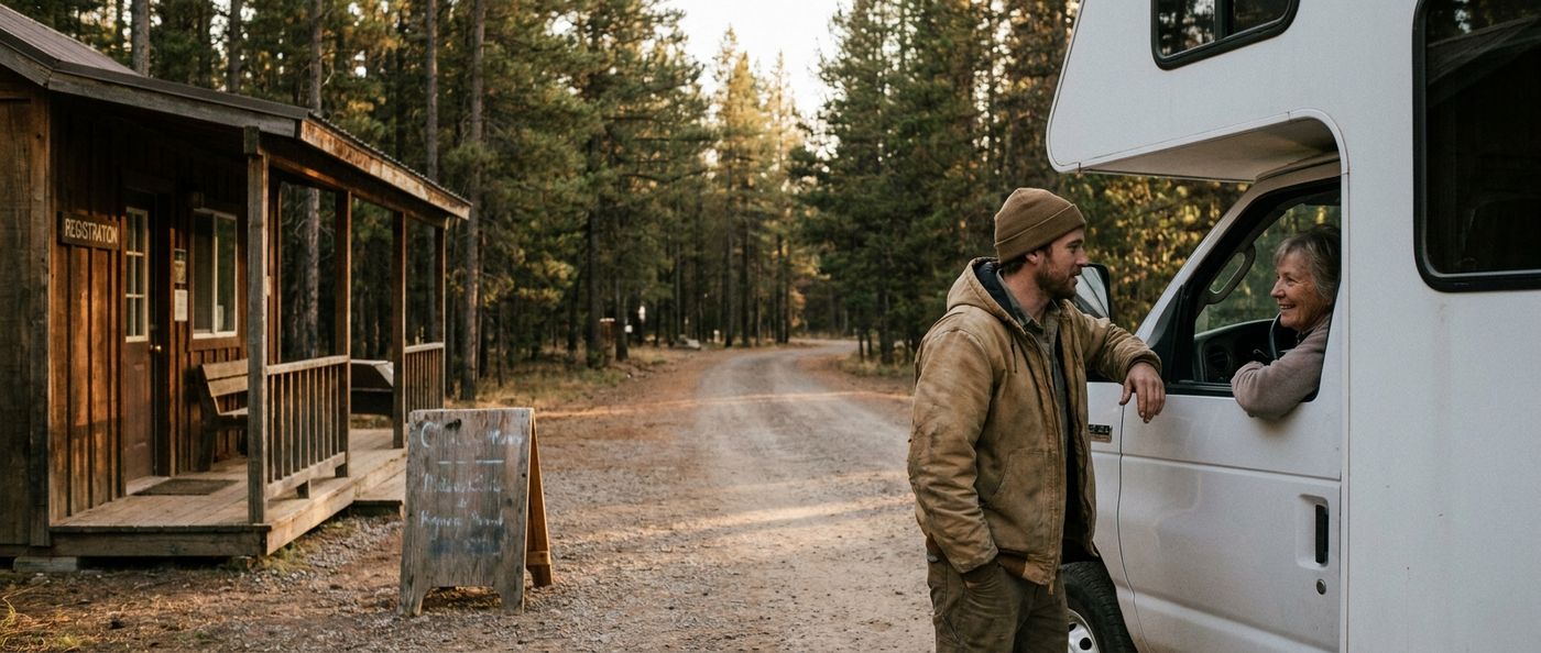 A campground operator checking in an arriving RV at a wooden registration office