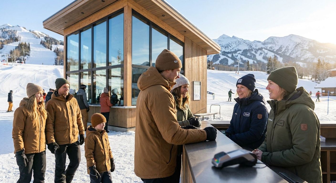 Guests collecting lift tickets outside a modern ski resort ticket office on a sunny winter morning