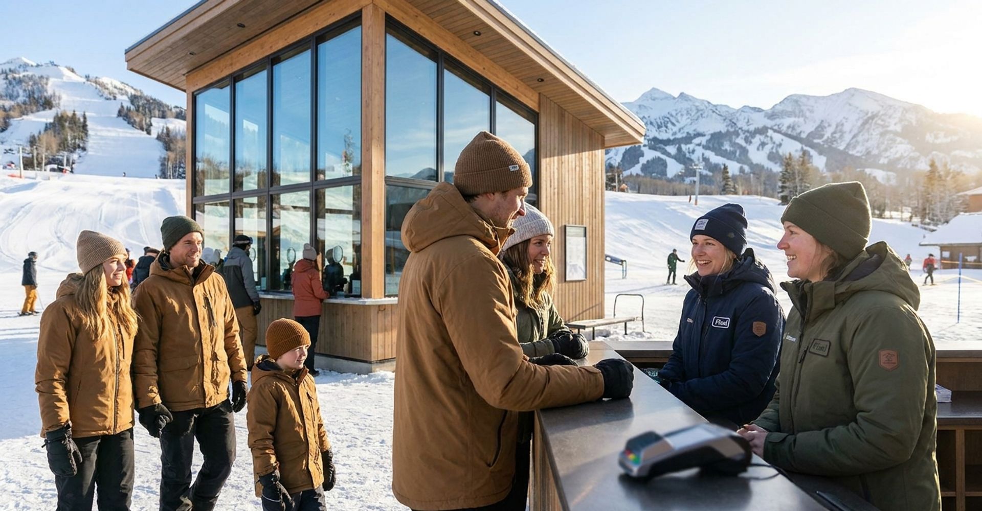 Guests collecting lift tickets outside a modern ski resort ticket office on a sunny winter morning