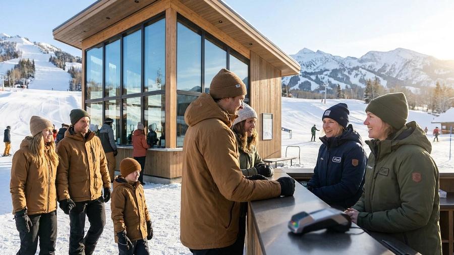 Guests collecting lift tickets outside a modern ski resort ticket office on a sunny winter morning