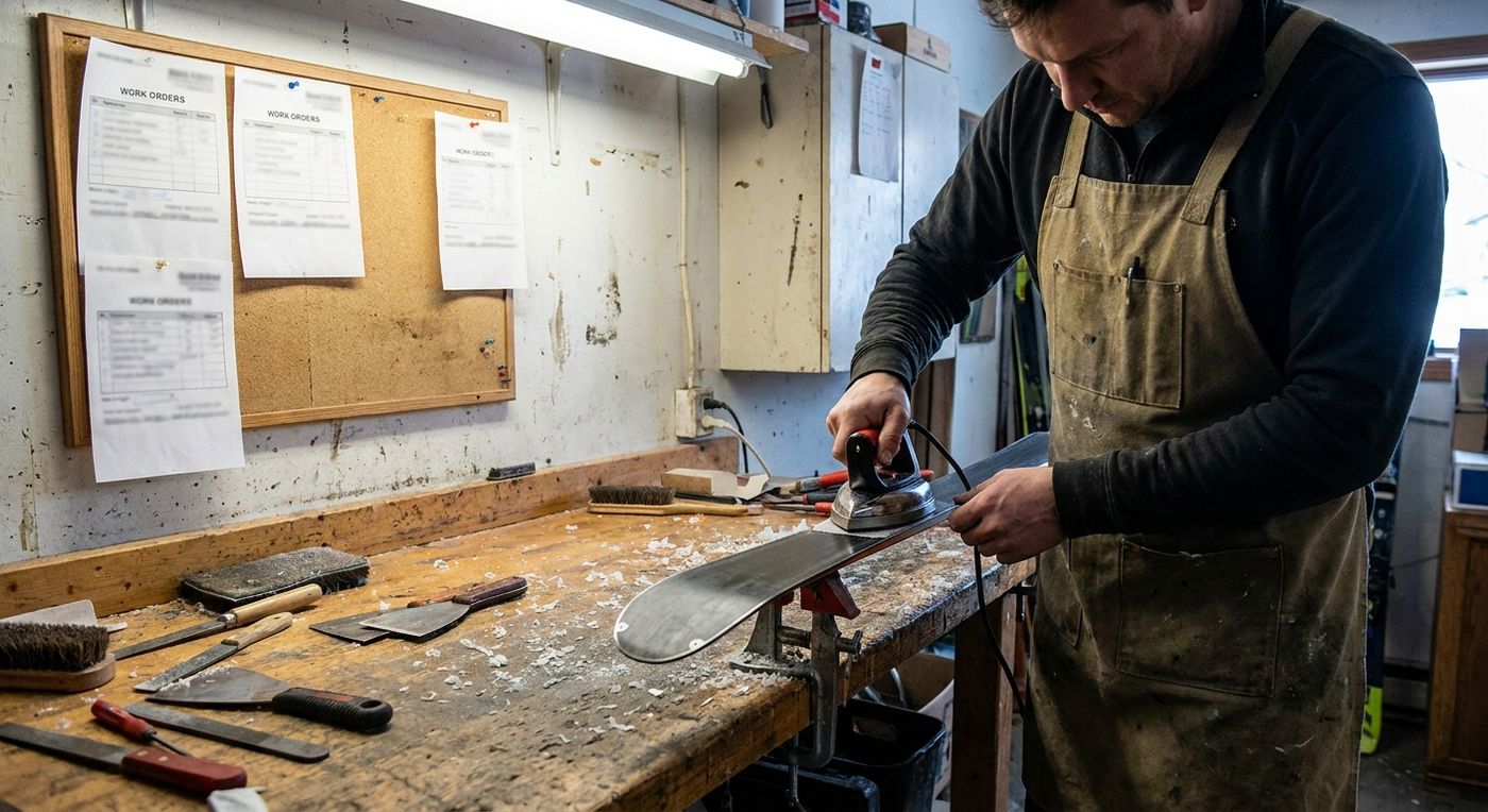 A technician tuning and waxing skis at a ski shop workbench surrounded by tools and work orders